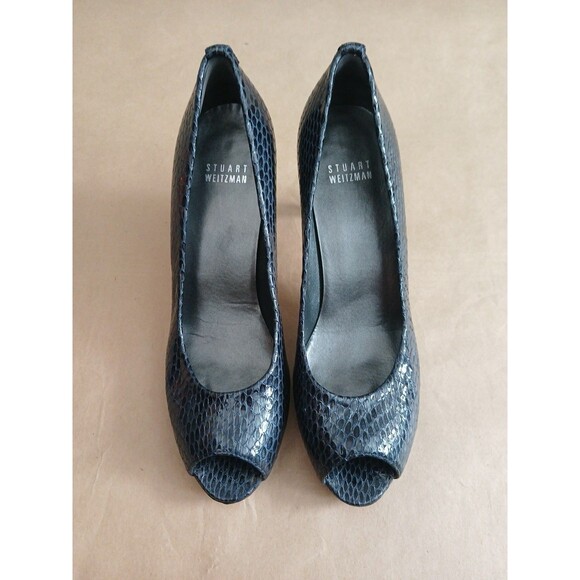Stuart Weitzman Blue Snakeskin Peep Toe Pumps Size 7N Mob Wife Glam Heels - Picture 5 of 8